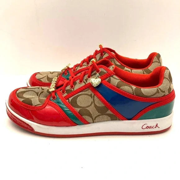 VTG Coach Women's Sneakers Oriana Size 9.5 Rhinestones Charms Logo Red Khaki Y2K - Picture 8 of 14